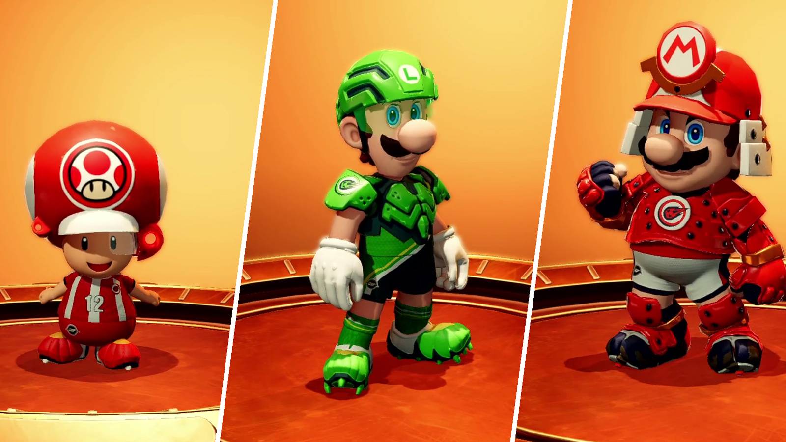 Toad, Luigi, and Mario in Mario Strikers: Battle League