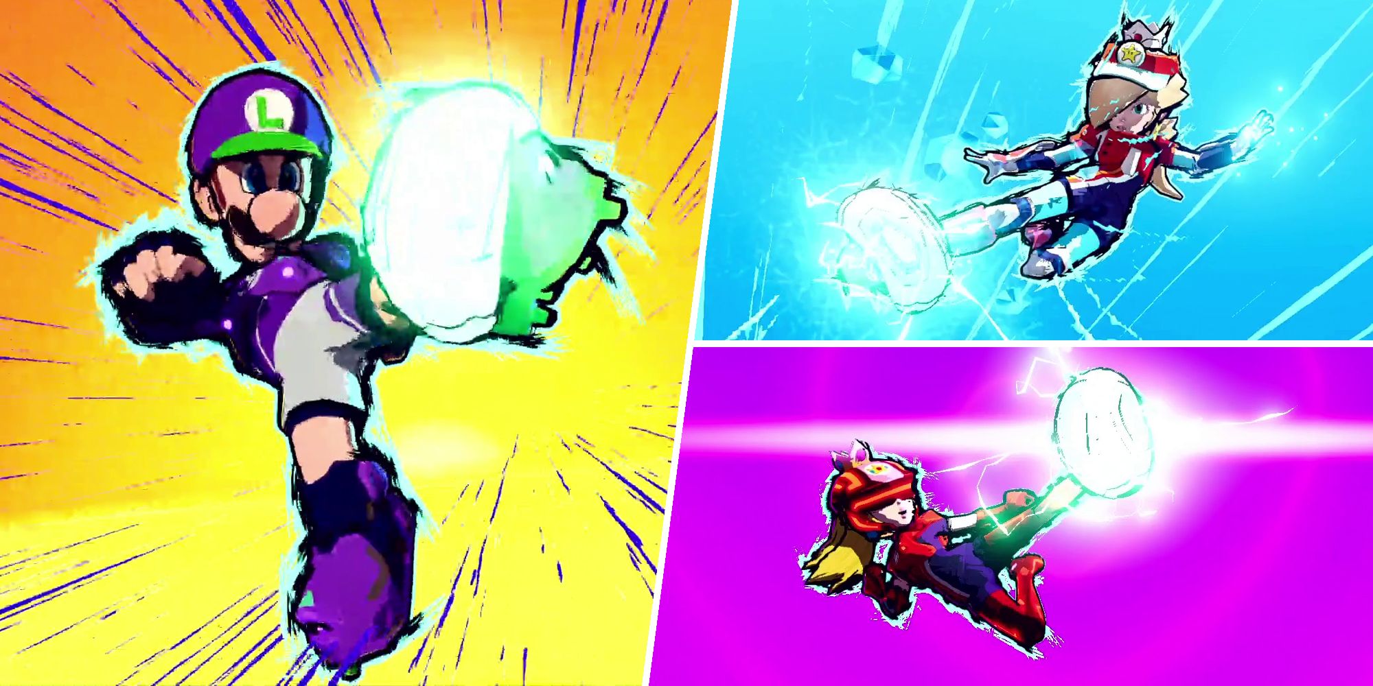 Luigi, Rosalina and Peach performing a Hyper Strike in Mario Strikers: Battle League