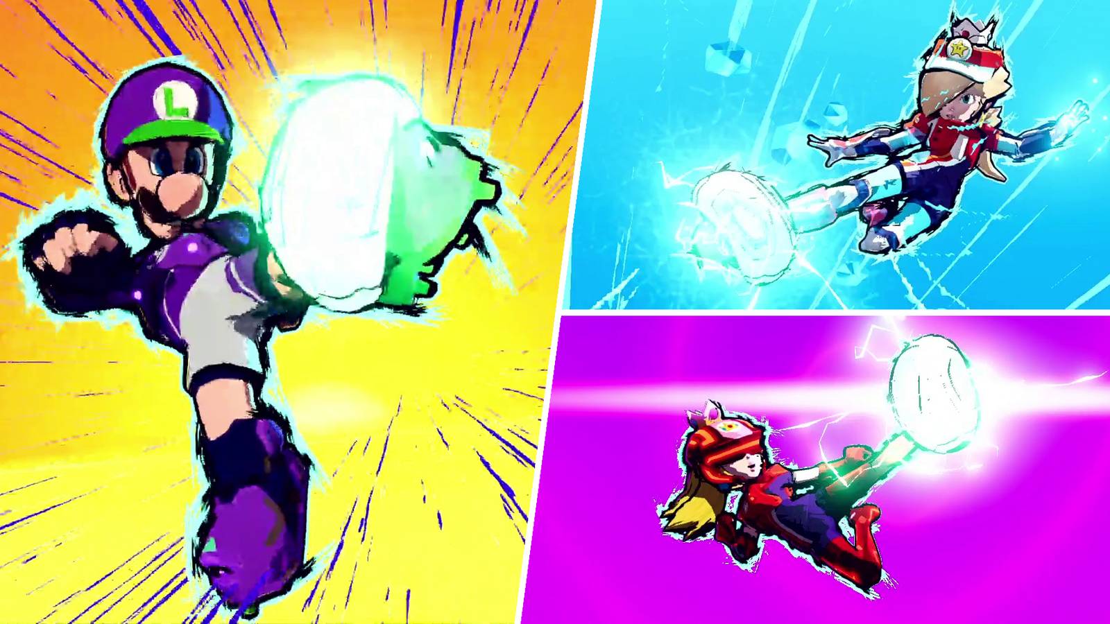 Luigi, Rosalina and Peach performing a Hyper Strike in Mario Strikers: Battle League