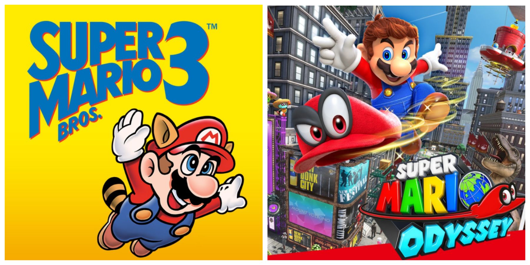 (Left) Super Mario Bros. 3 cover art (Right) Super Mario Odyssey cover art