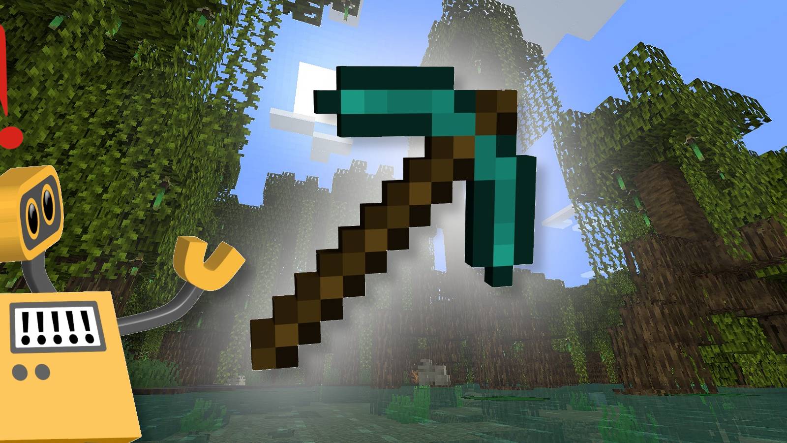 Image showing a Minecraft diamond pickaxe with a yellow robot looking at it.