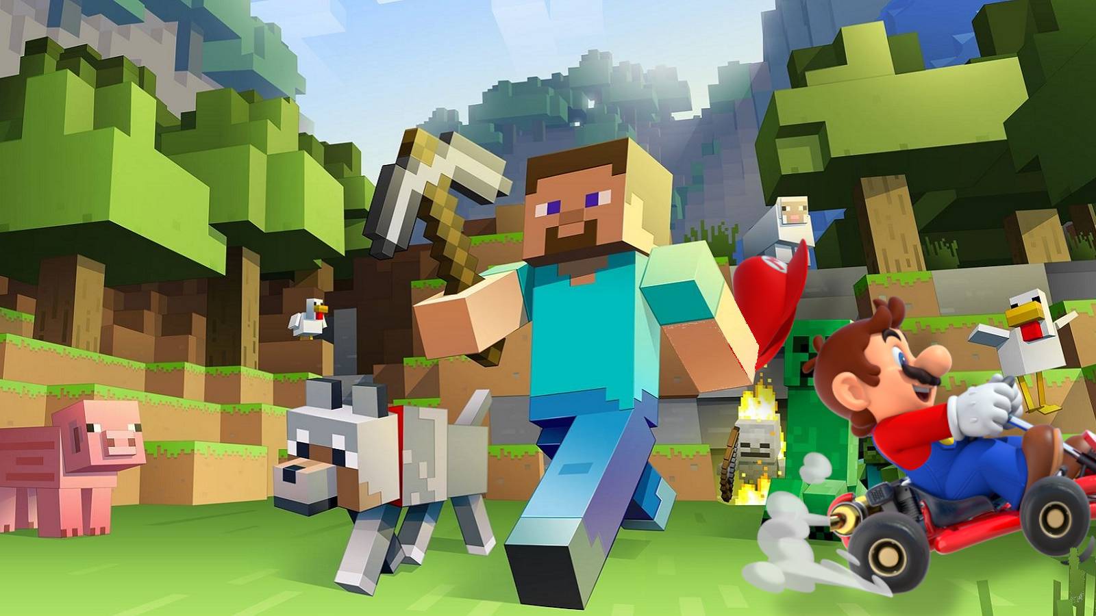 Image showing Minecraft characters but also Mario zooming off to the right in a kart.