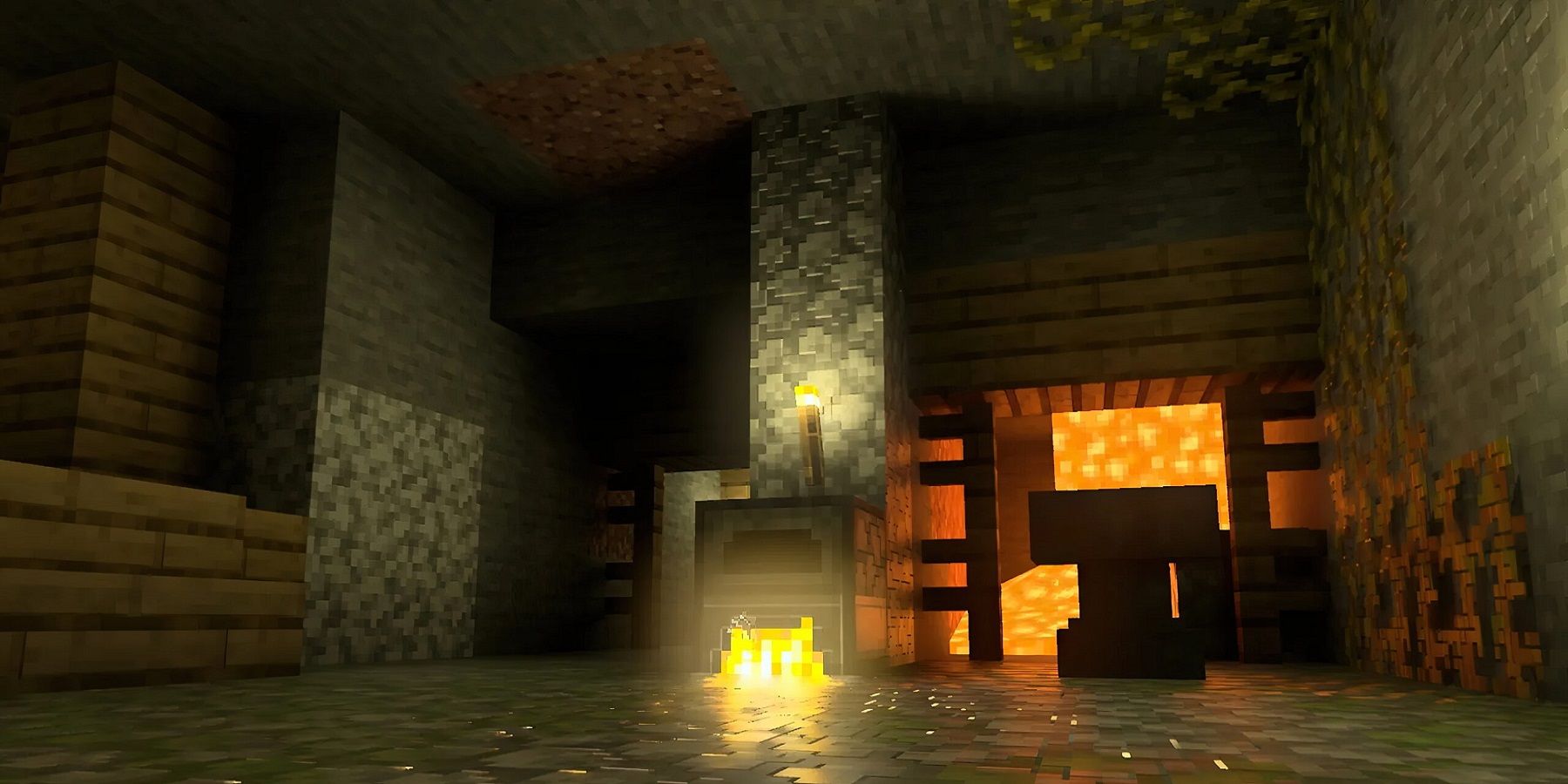 Screenshot from Minecraft showing an underground section lit up with RTX lighting.
