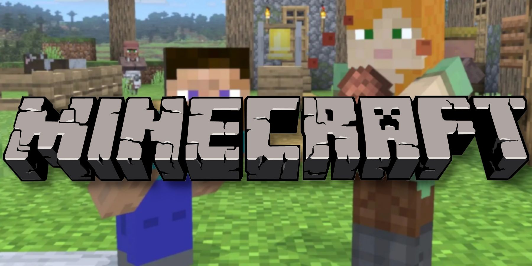 The Minecraft logo in the center with Steve and Alex behind it.