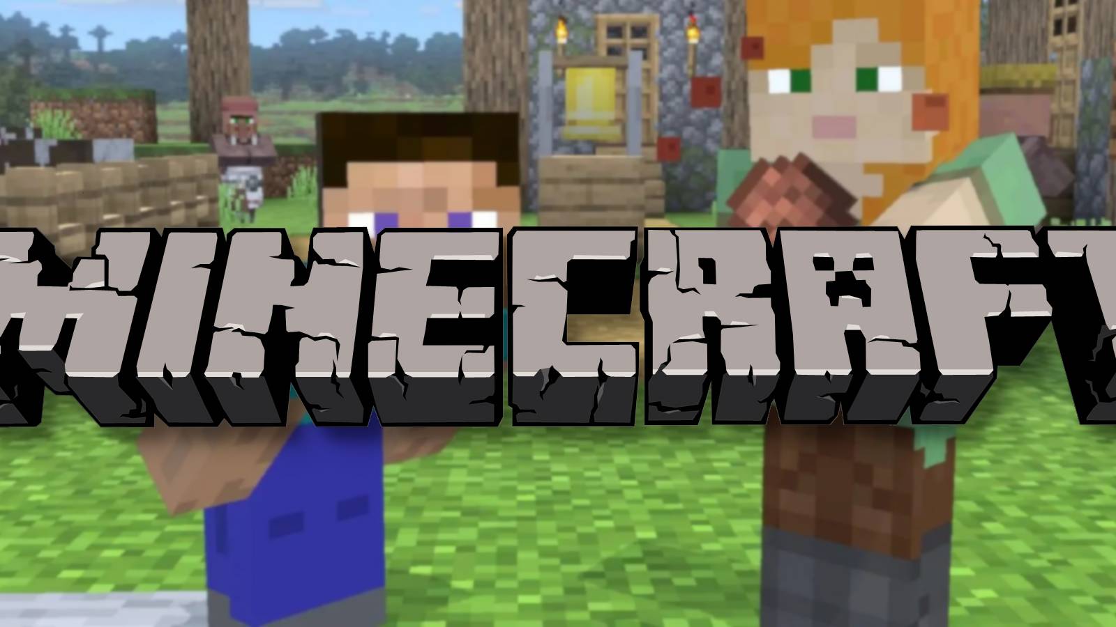 The Minecraft logo in the center with Steve and Alex behind it.