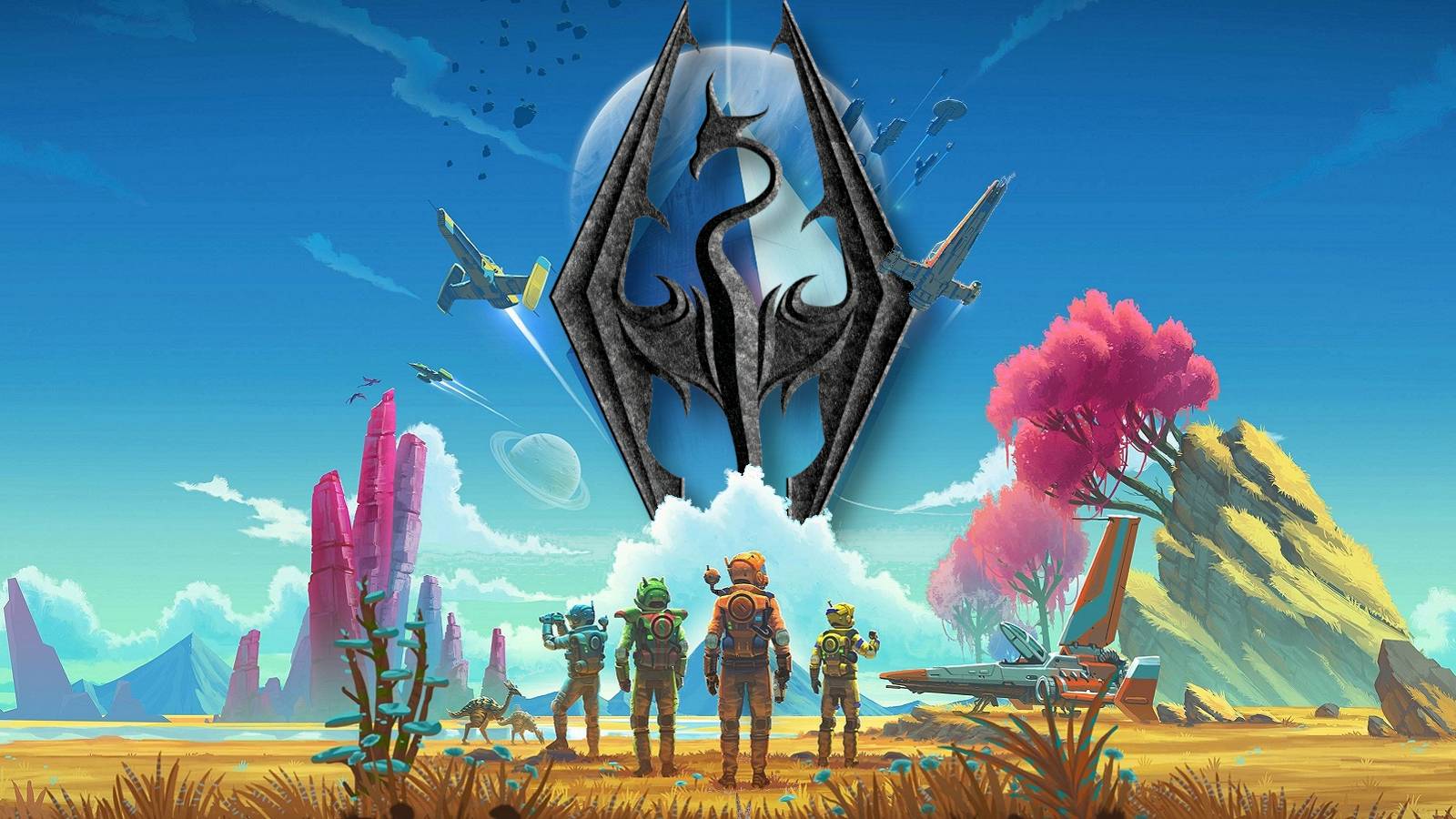 Image from the No Man's Sky showing the Skyrim dragon logo in place of Atlas.