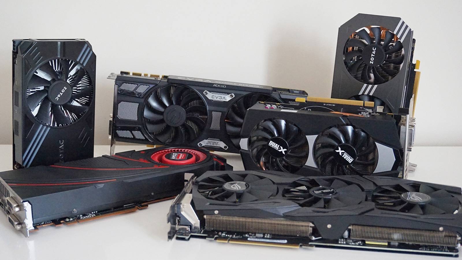 A series of AMD and Nvidia graphics cards on a light background.