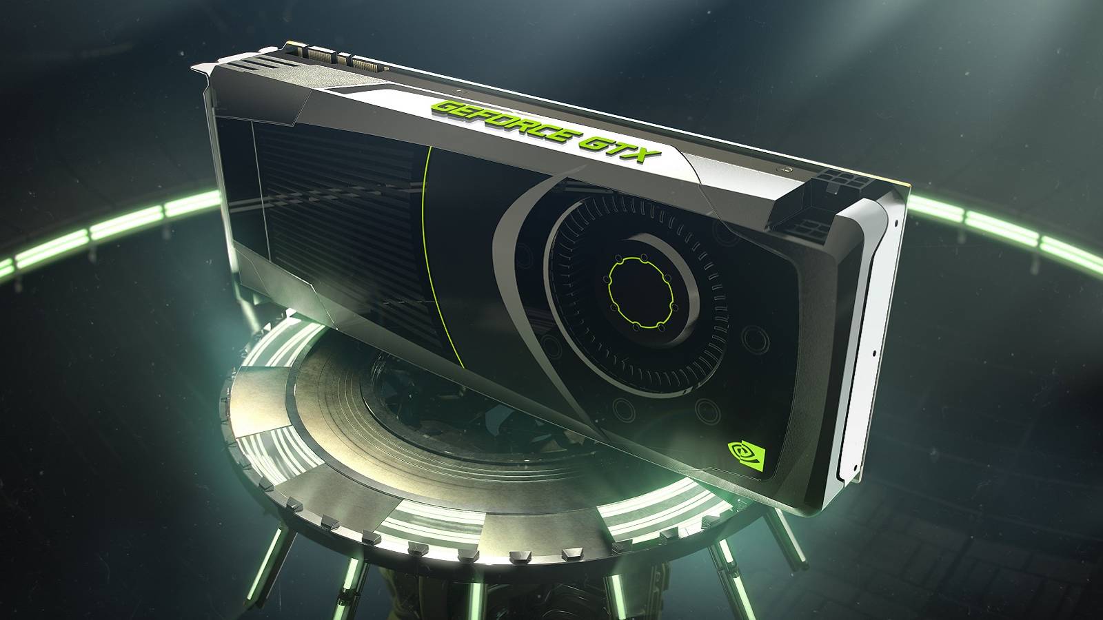 Image of an Nvidia GeForce GTX graphics card on a futuristic looking platform.
