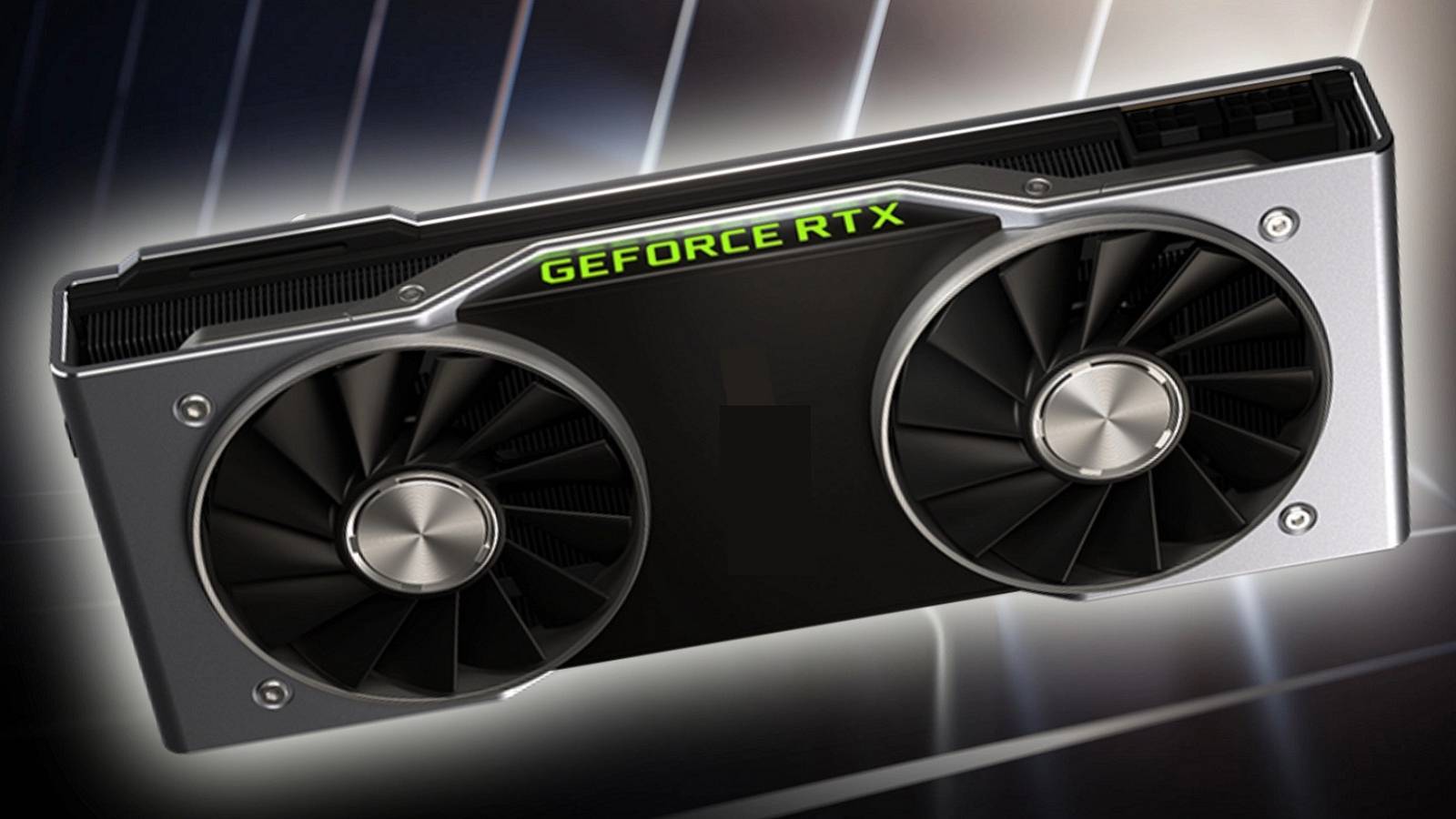 Image of an Nvidia RTX graphics card on a stripy background.