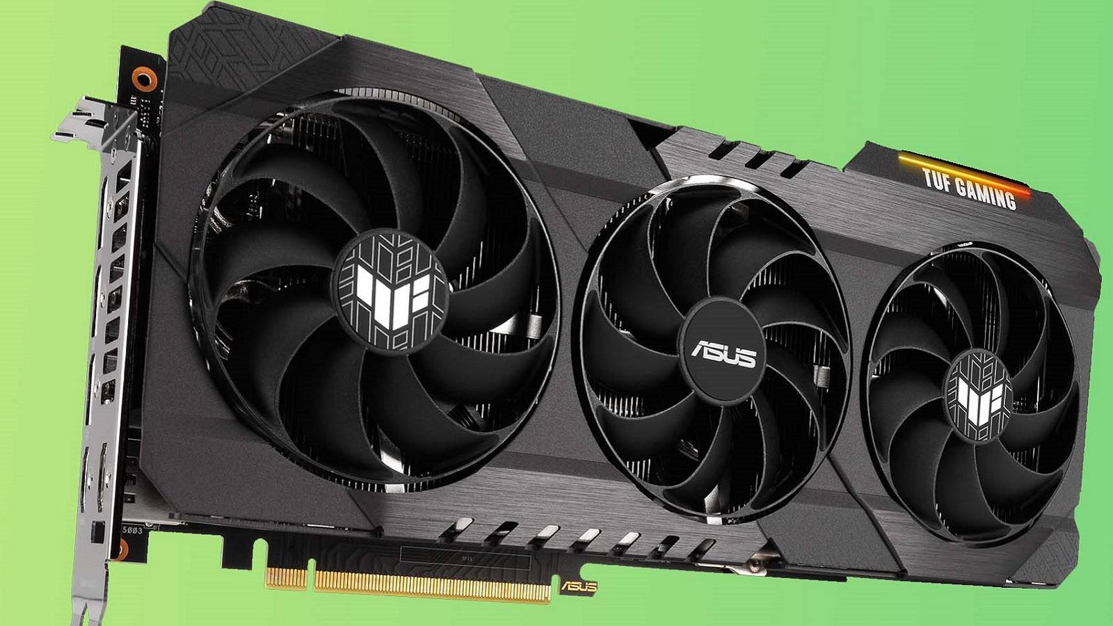 Photo of an Nvidia RTX 3080 12 GB graphics card on a light green background.