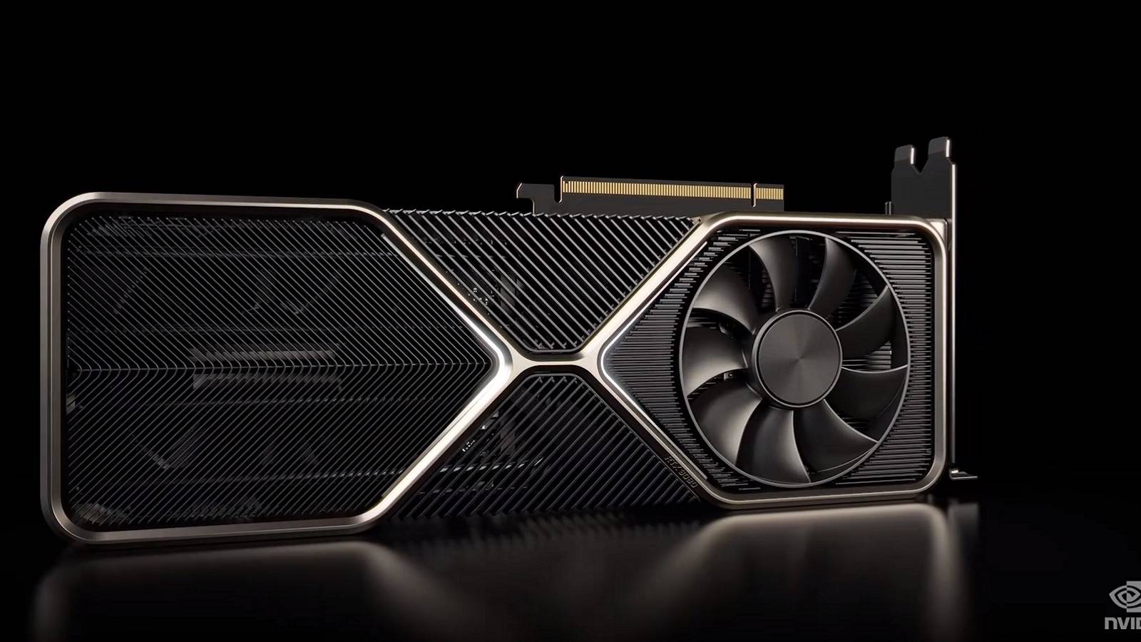 Photo of an Nvidia RTX graphics card on a black background.