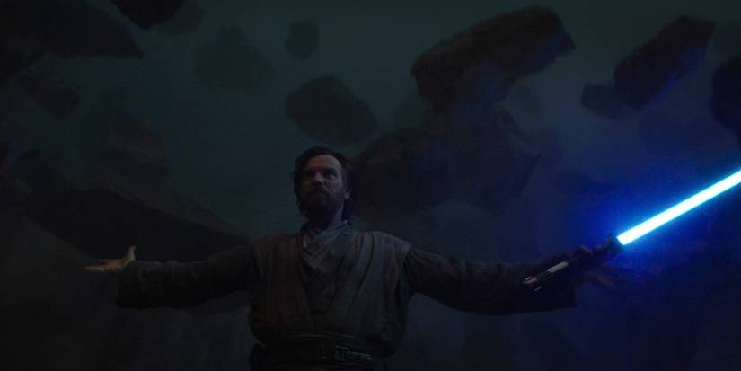 obi-wan using the force to lift lots of rocks
