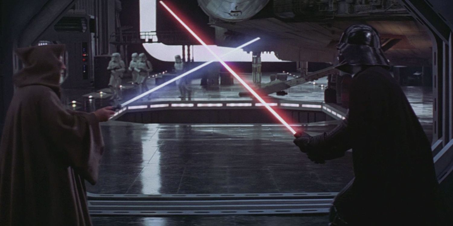 Obi-Wan and Darth Vader dueling on the Death Star in Star Wars A New Hope