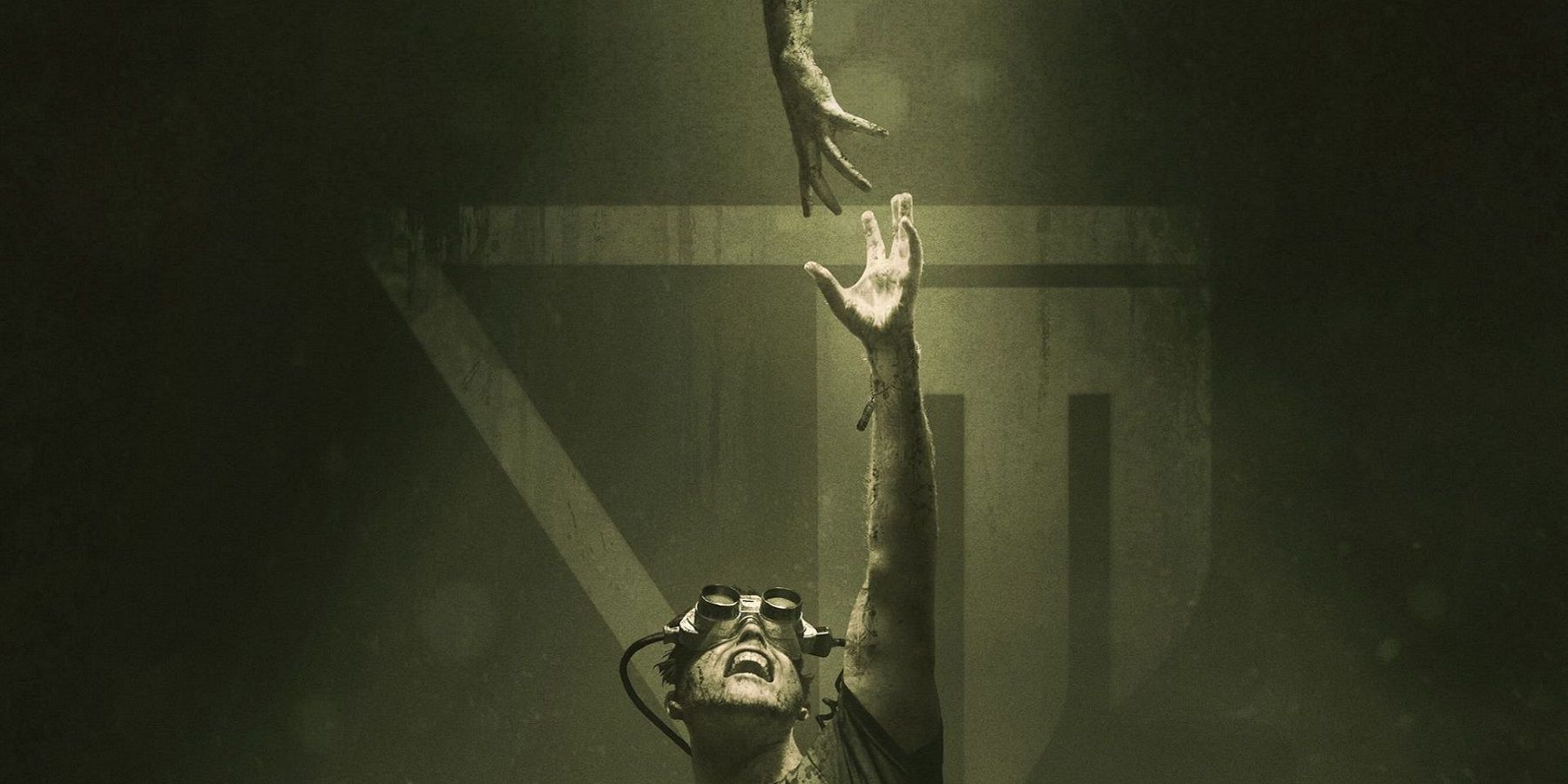 Image from Outlast Trials showing someone wearing night vision goggles reaching up to a hand.