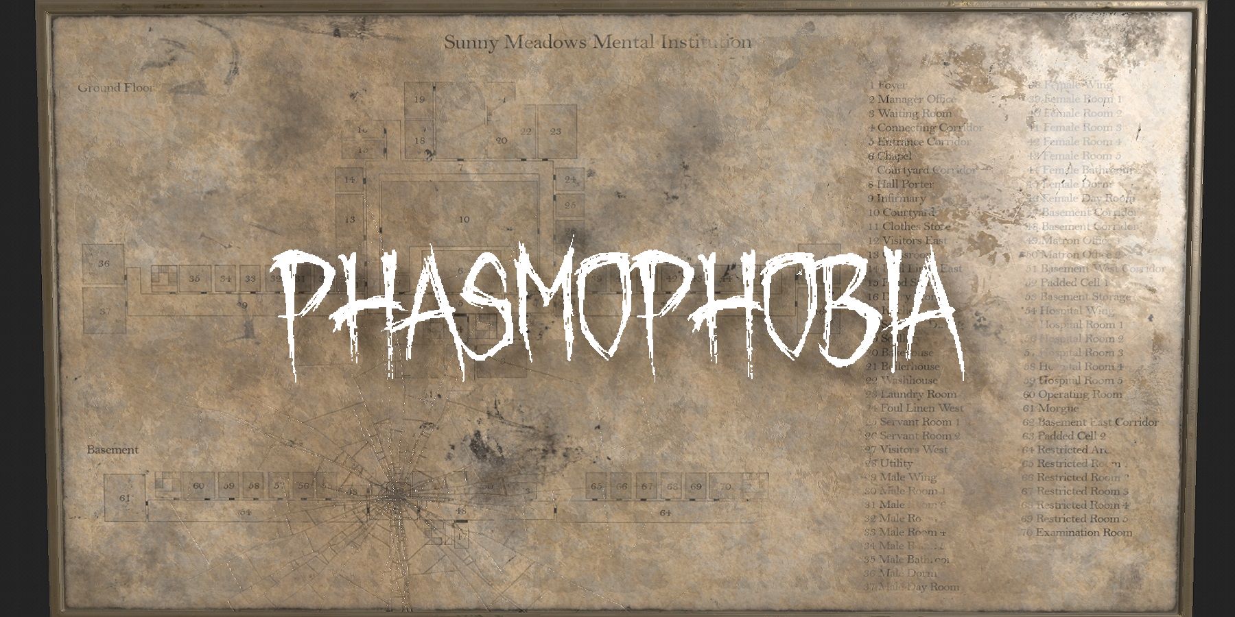 An image of a decayed map with the Phasmophobia logo in front of it.