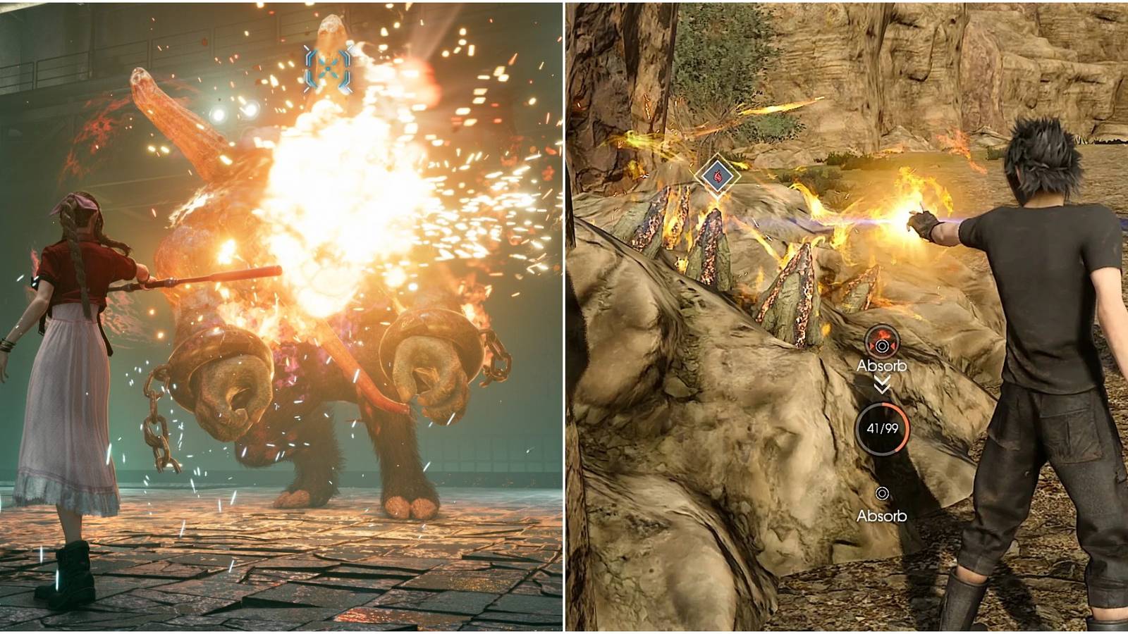 Aerith and Noctis using magic in Final Fantasy