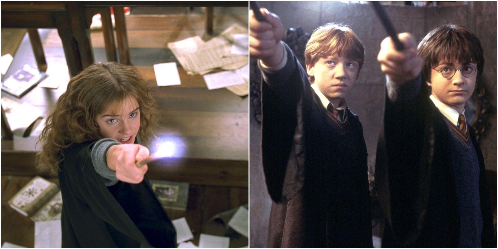 hermione, ron, and harry in the chamber of secrets