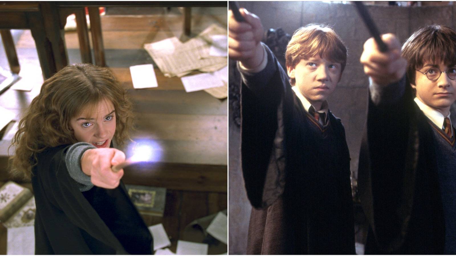 hermione, ron, and harry in the chamber of secrets