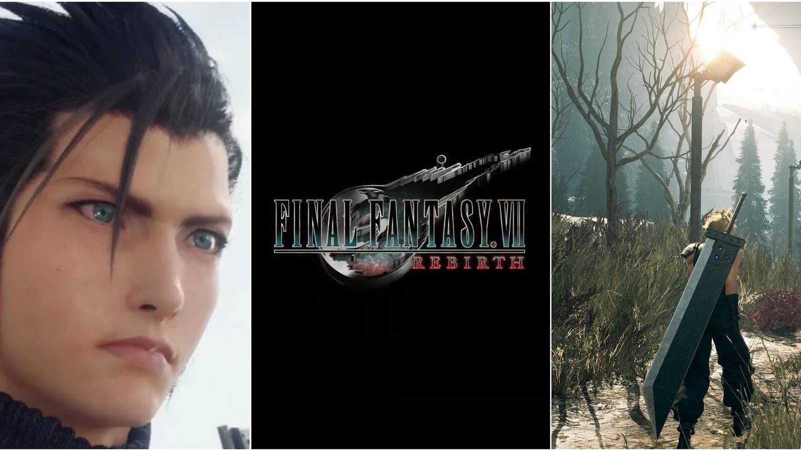 left to right: Cloud, FF7 Rebirth logo, Zack