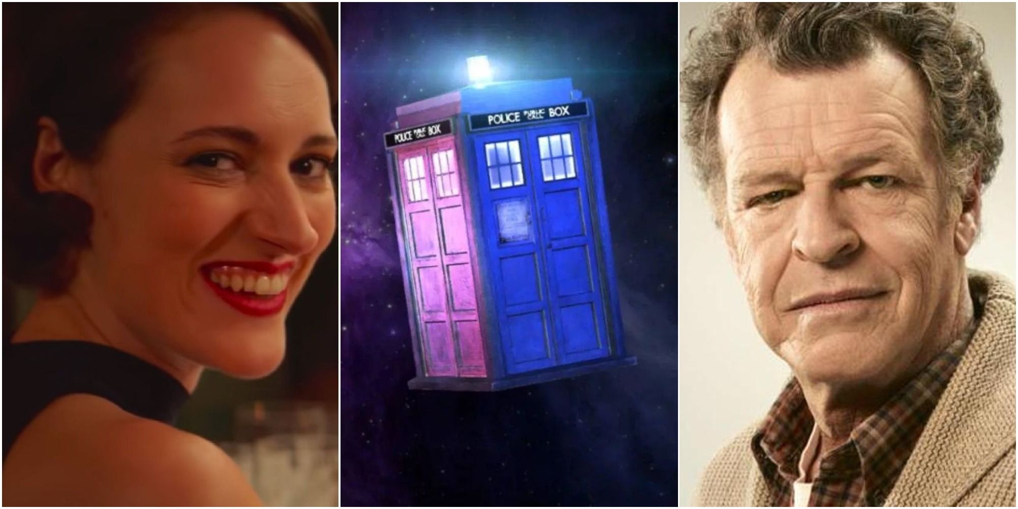 left to right: Phoebe Waller-Bridge, the TARDIS, John Noble