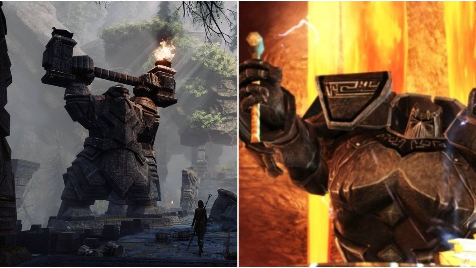 Split image of dwarven statue and Caridin smithing.