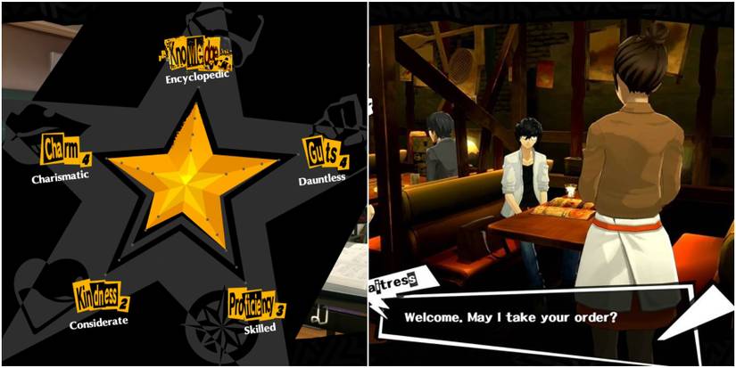 Split image of social stats and Joker at diner.