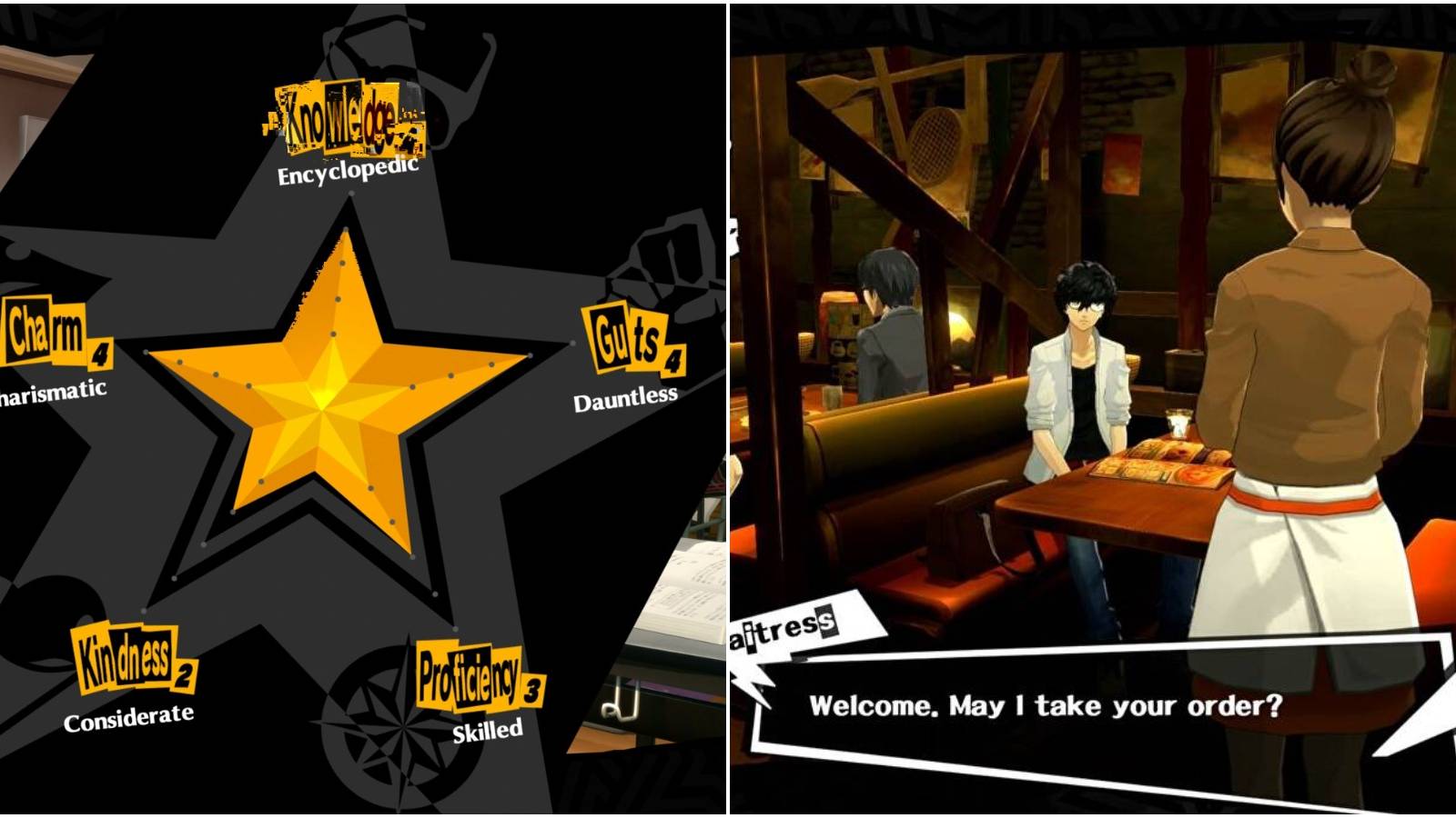 Split image of social stats and Joker at diner.