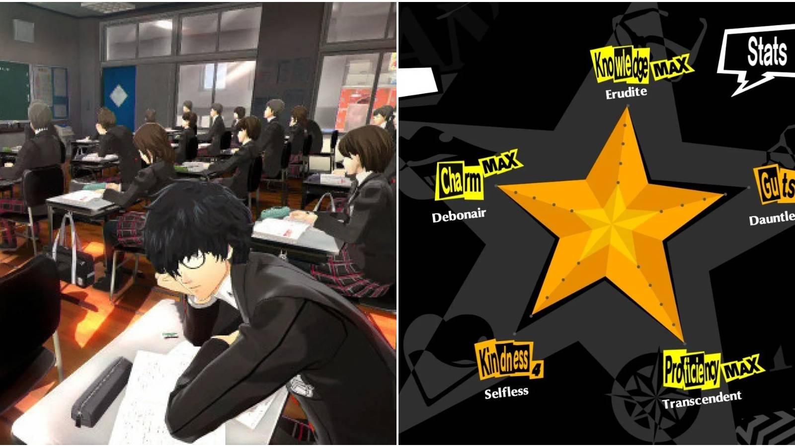 Split image of Joker in class and the social stats.