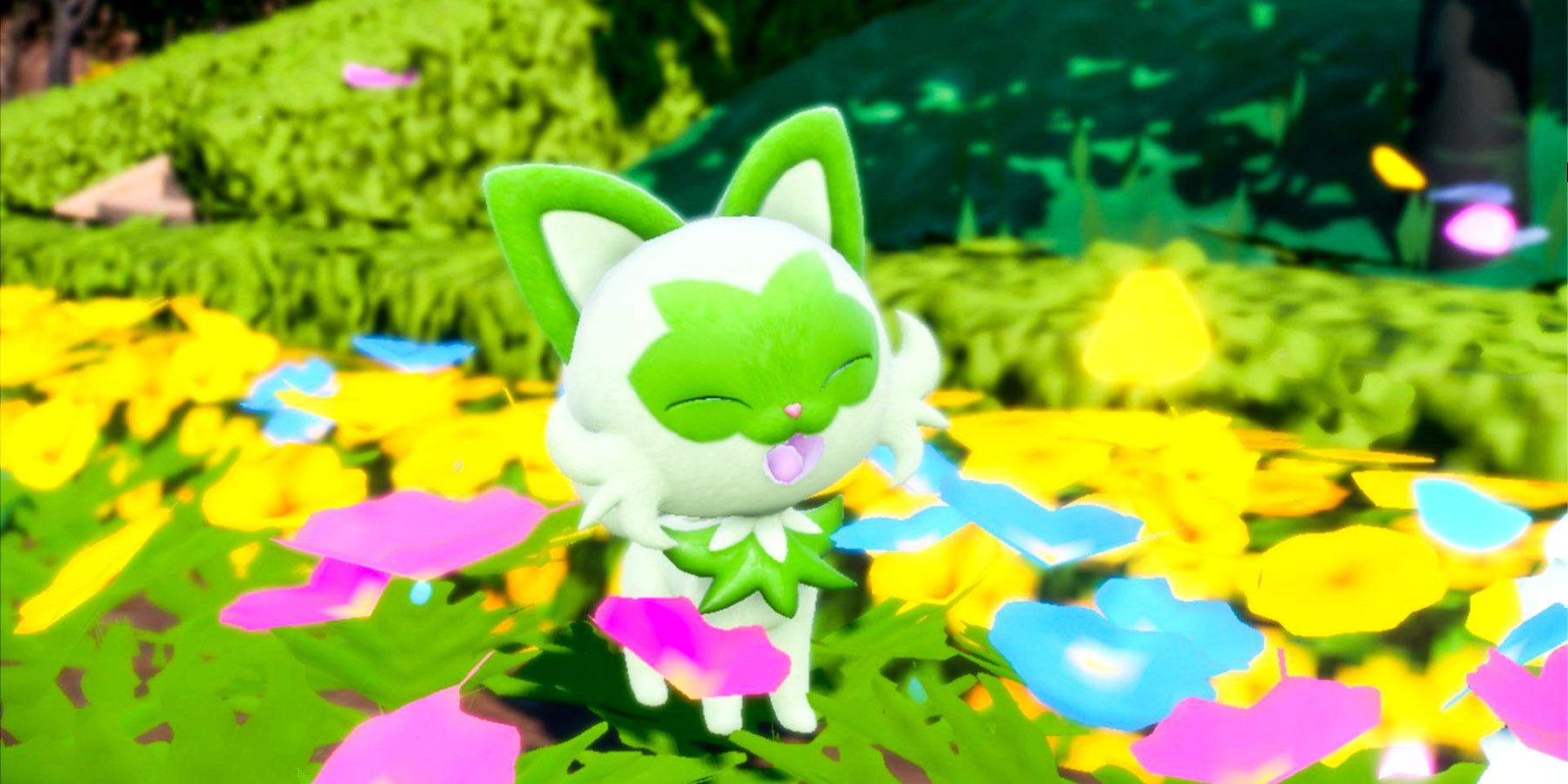 Sprigatito in the flowers in Pokemon Scarlet and Violet