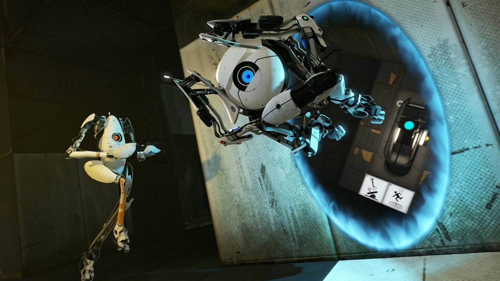 Image from Portal 2 showing Atlas coming out of a blue portal.