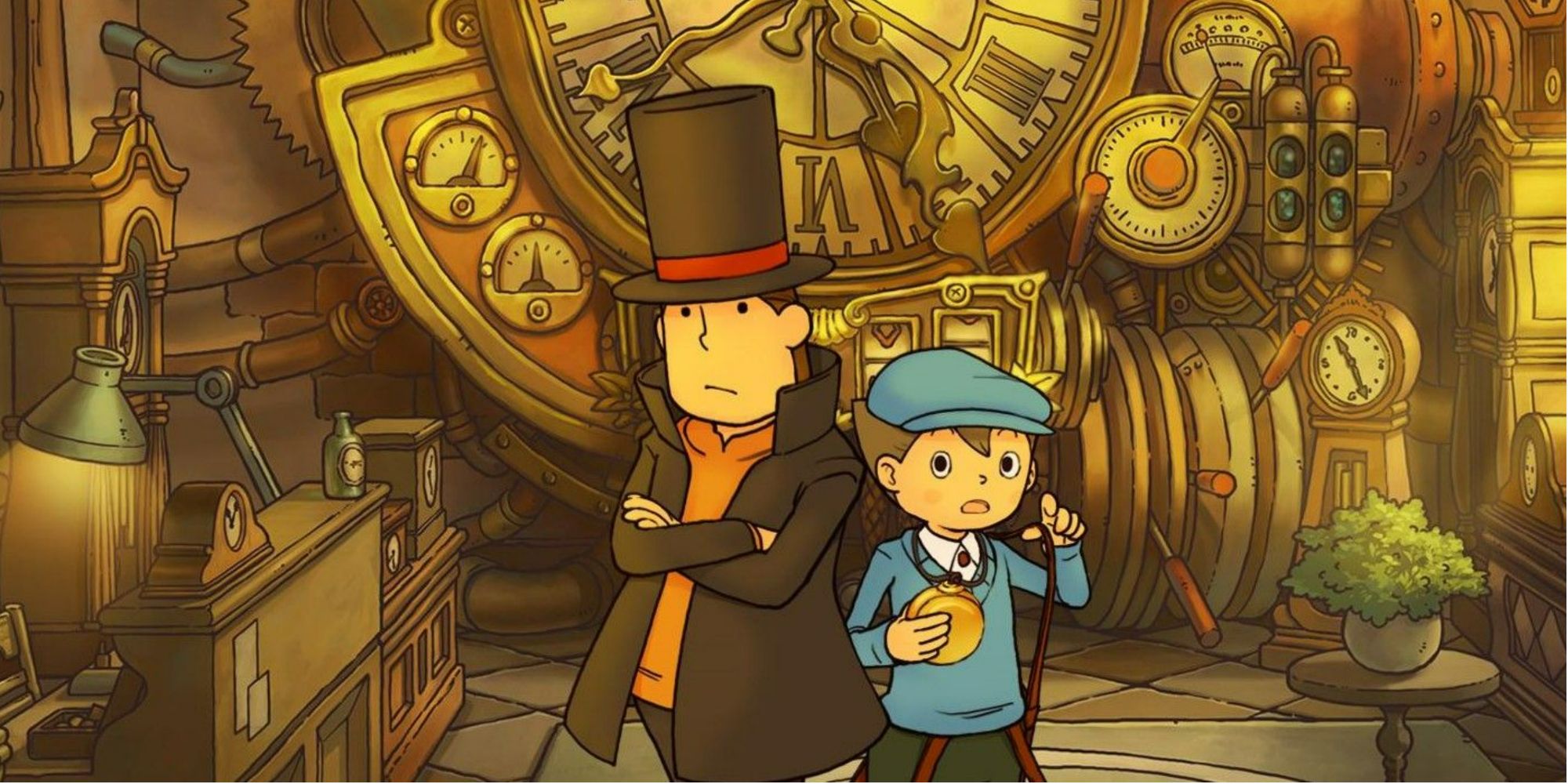 professor layton charctes standing in front of giant clockwork cog machine