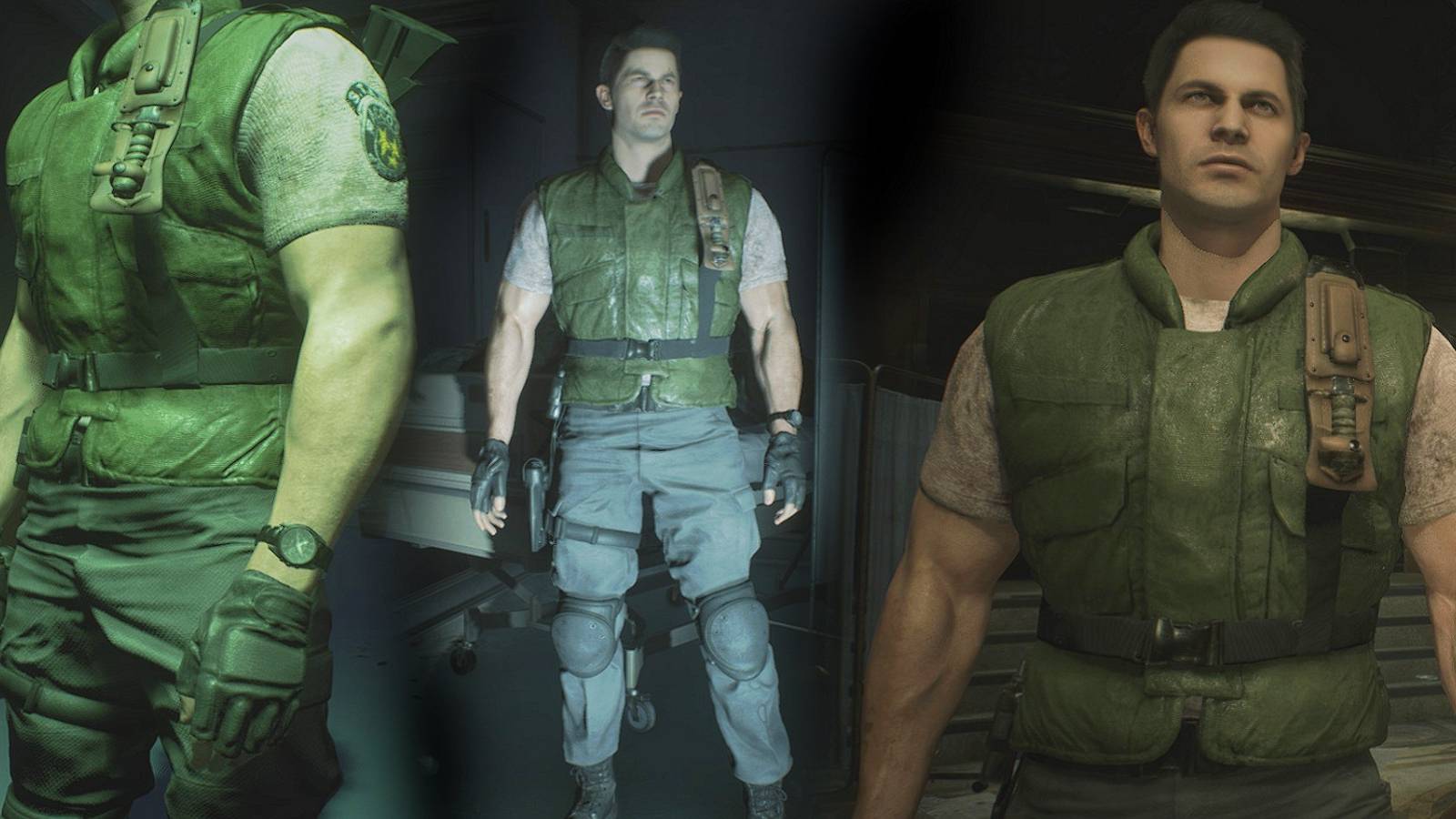Image from Residnet Evil 3 Remake showing three Chris Redfield character models.
