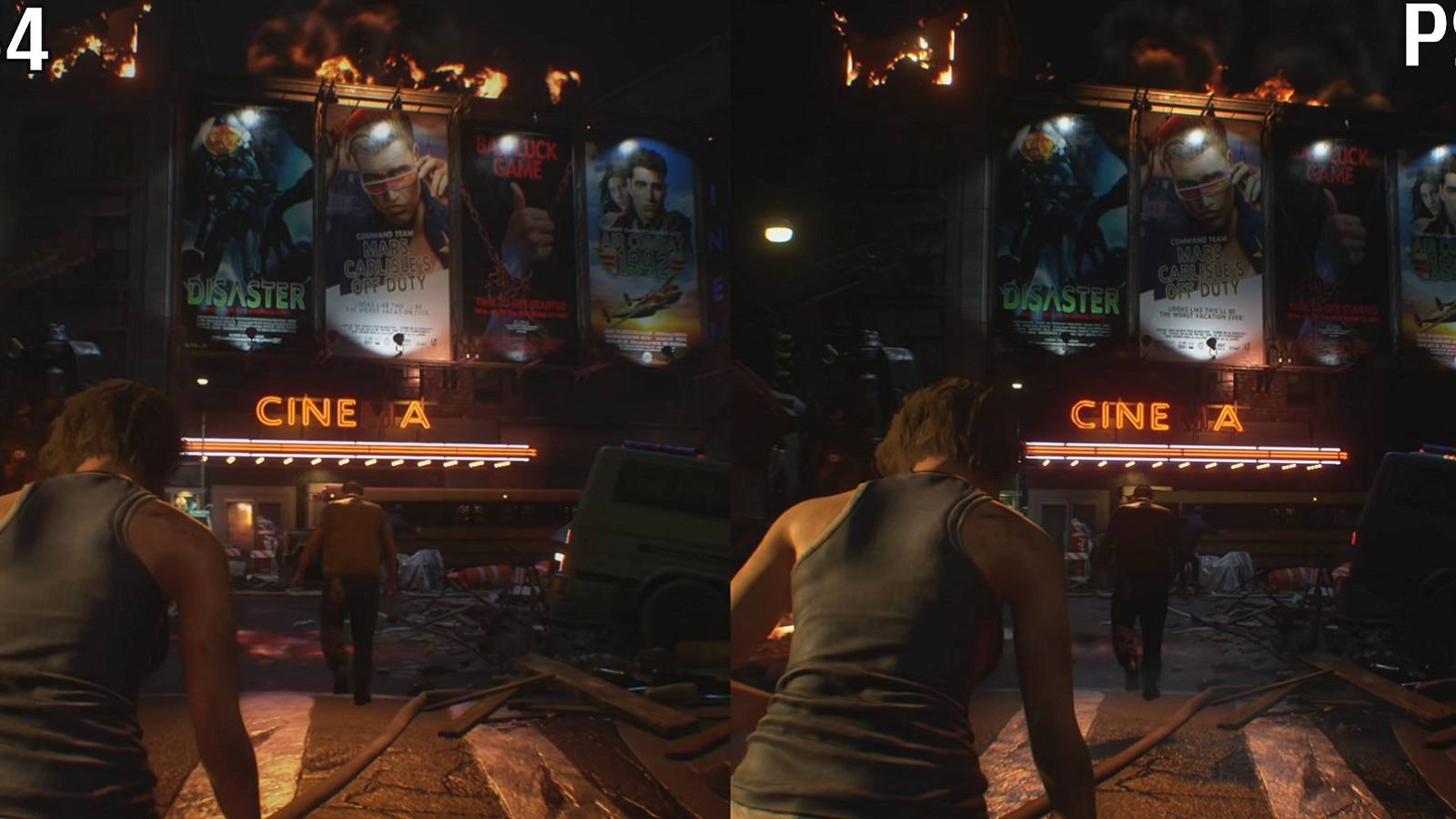 Image from Resident Evil 3 showing the same scene on the PS4 and PS5 versions.