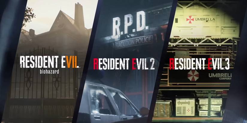 Images showing the titles from Resident Evil 7, 2, and 3.