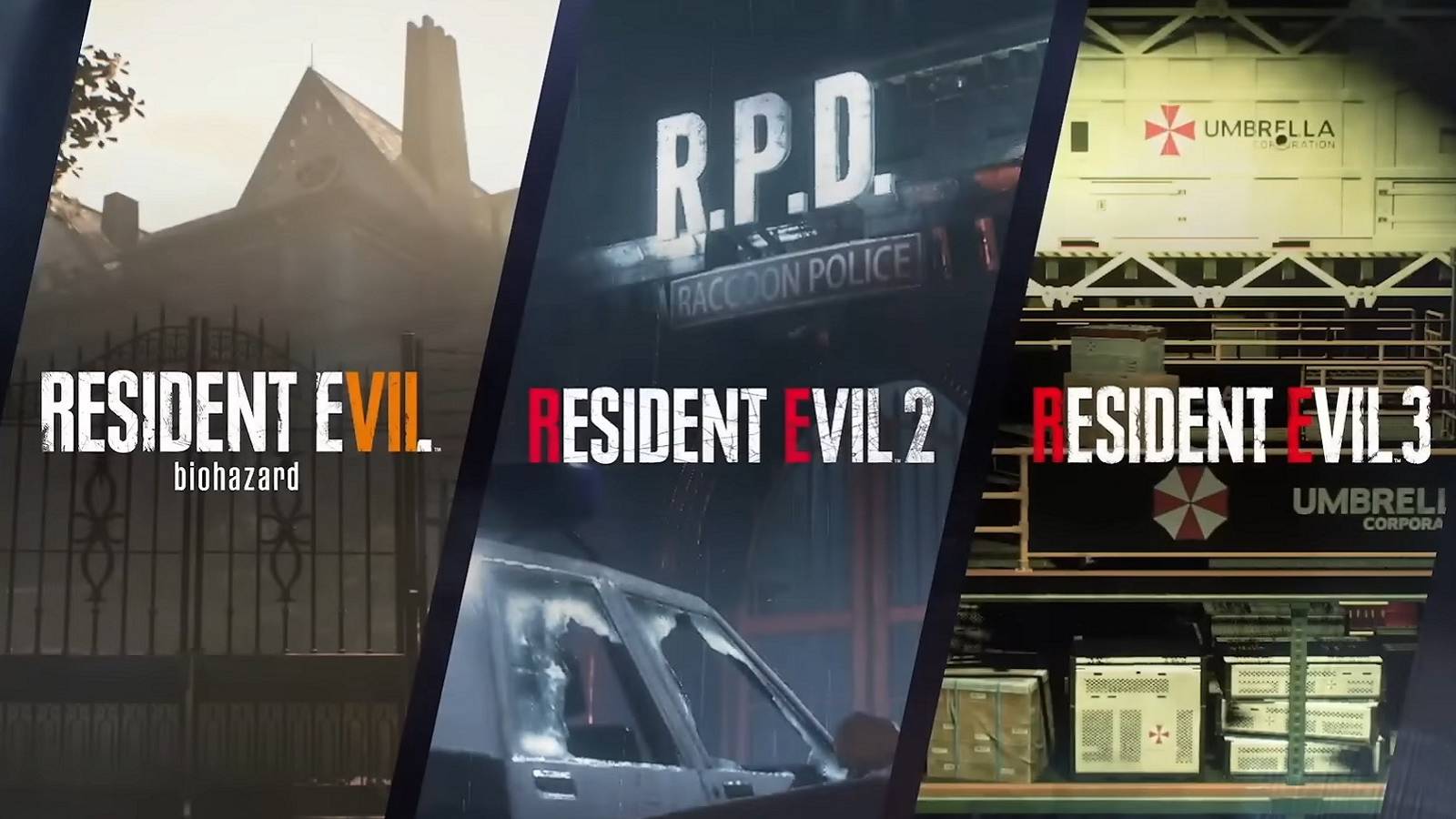 Images showing the titles from Resident Evil 7, 2, and 3.