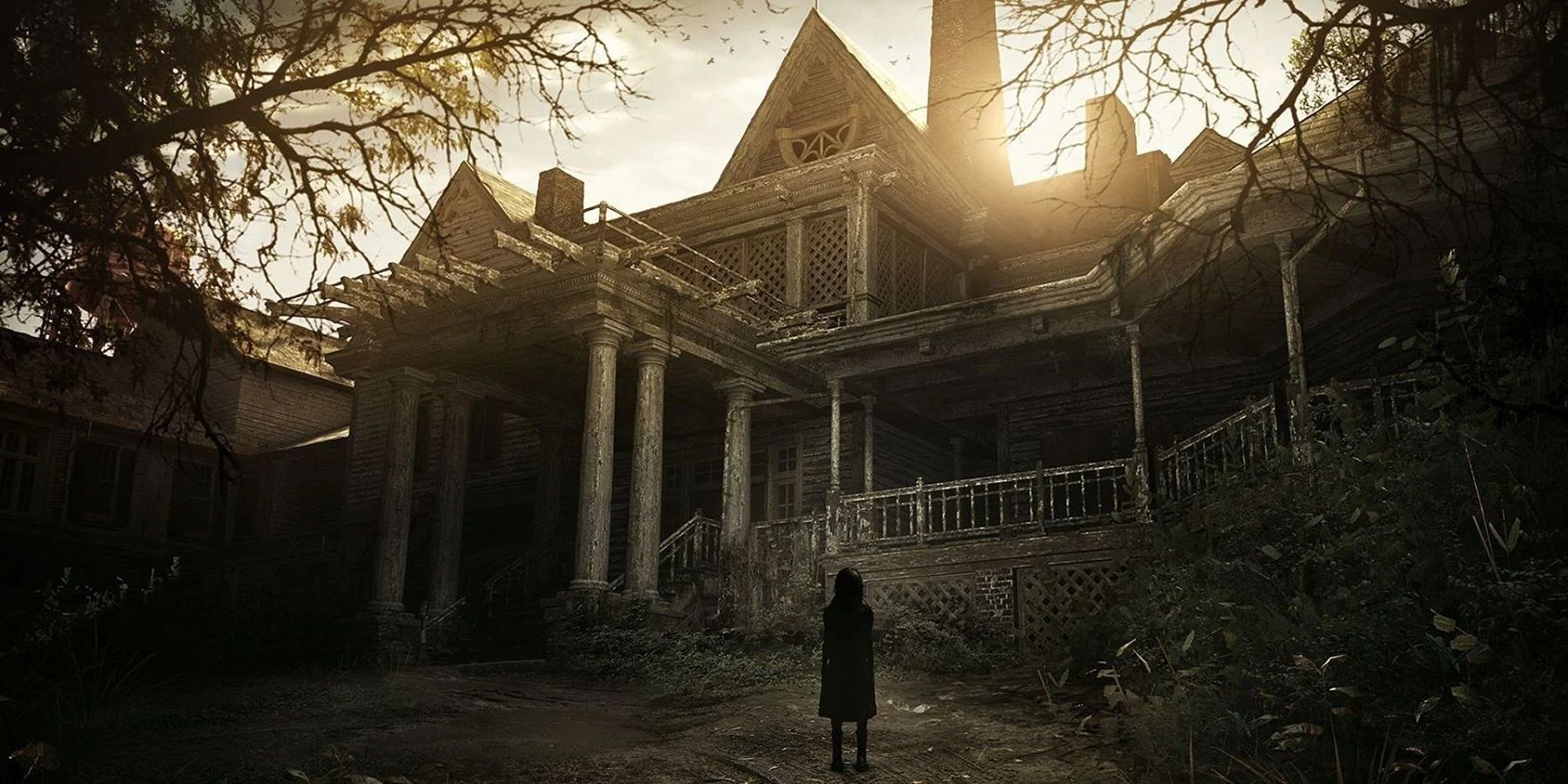 Image from Resident Evil 7: Biohazard showing Eveline in front of the Baker house.