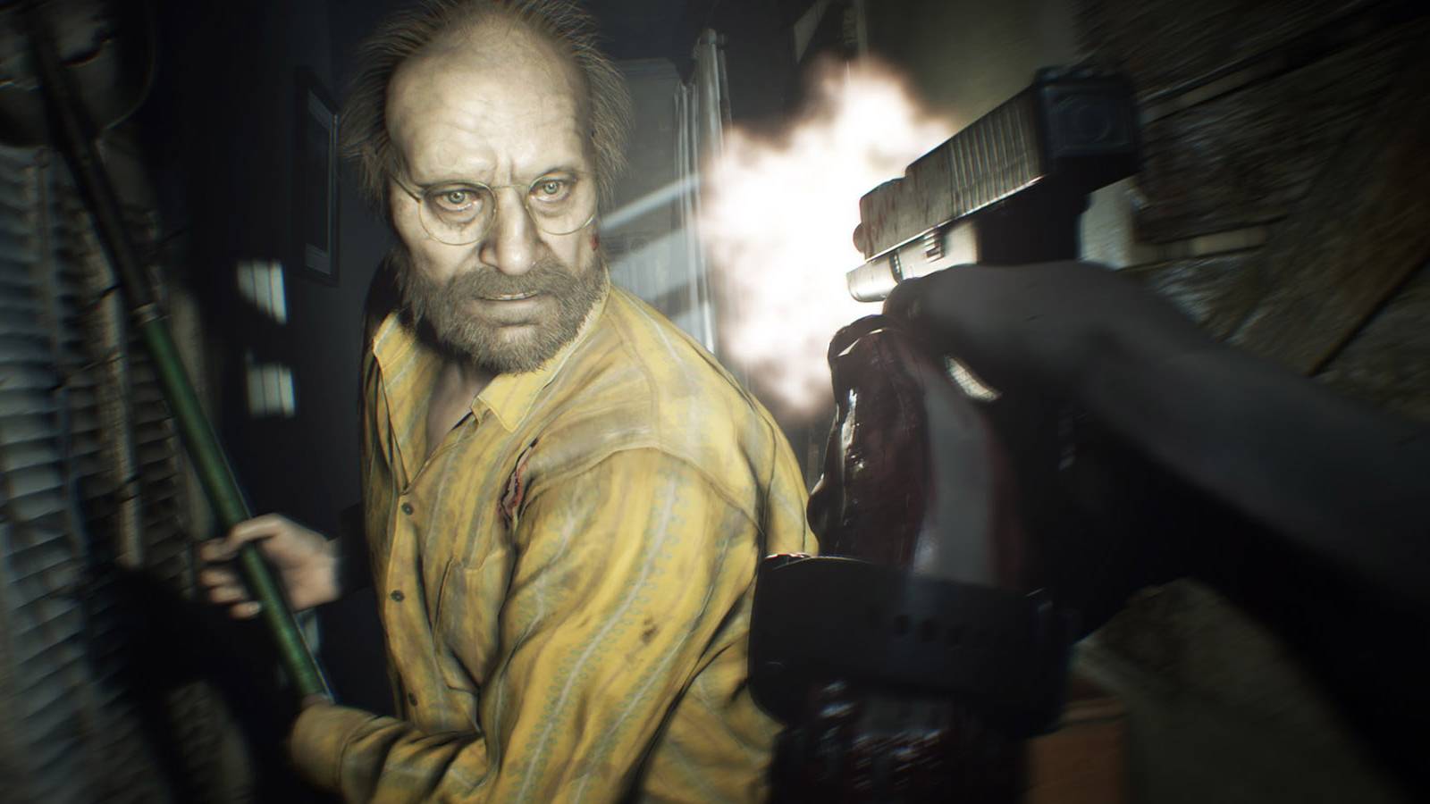 The player shooting at Jack Baker while he tries to attack them in Resident Evil 7