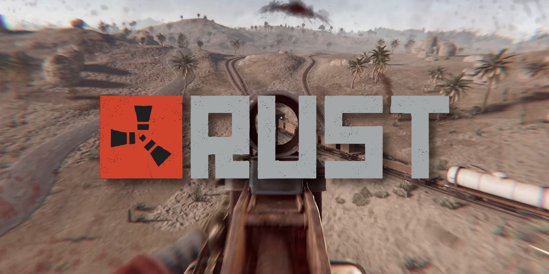 Screenshot from Rust showing the player shooting a game, with the game's logo in the middle.