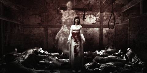 Sae from Fatal Frame 2, laughing in a room full of corpses