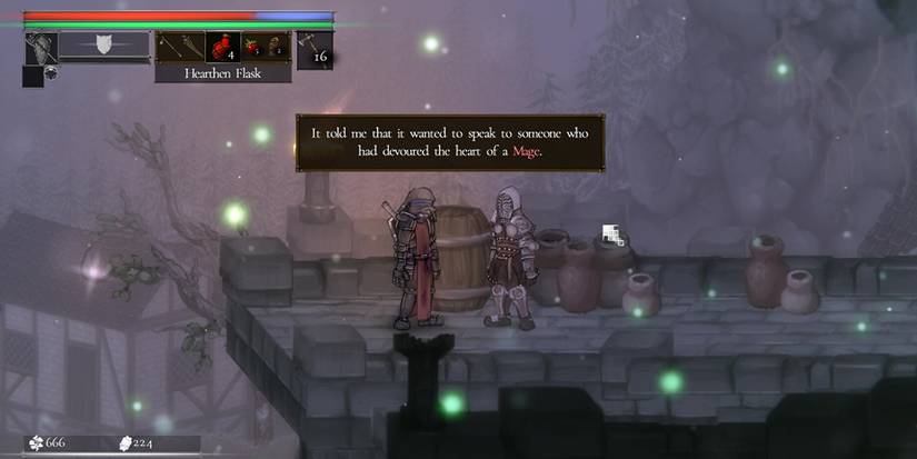 Fighter talking to an NPC in Salt And Sacrifice