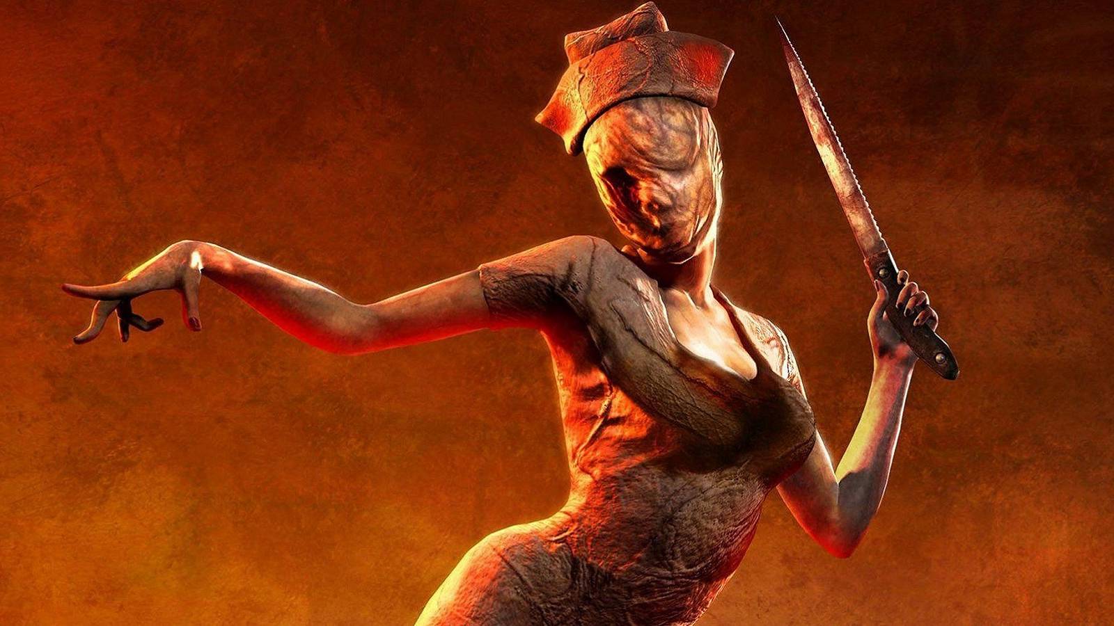 Image showing a nurse from Silent Hill on a dark orange background.