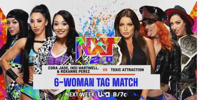 Cora Jade, Indi Hartwell, Roxanne Perez v. Mandy Rose, Gigi Dolin, and Jacy Jayne NXT graphic