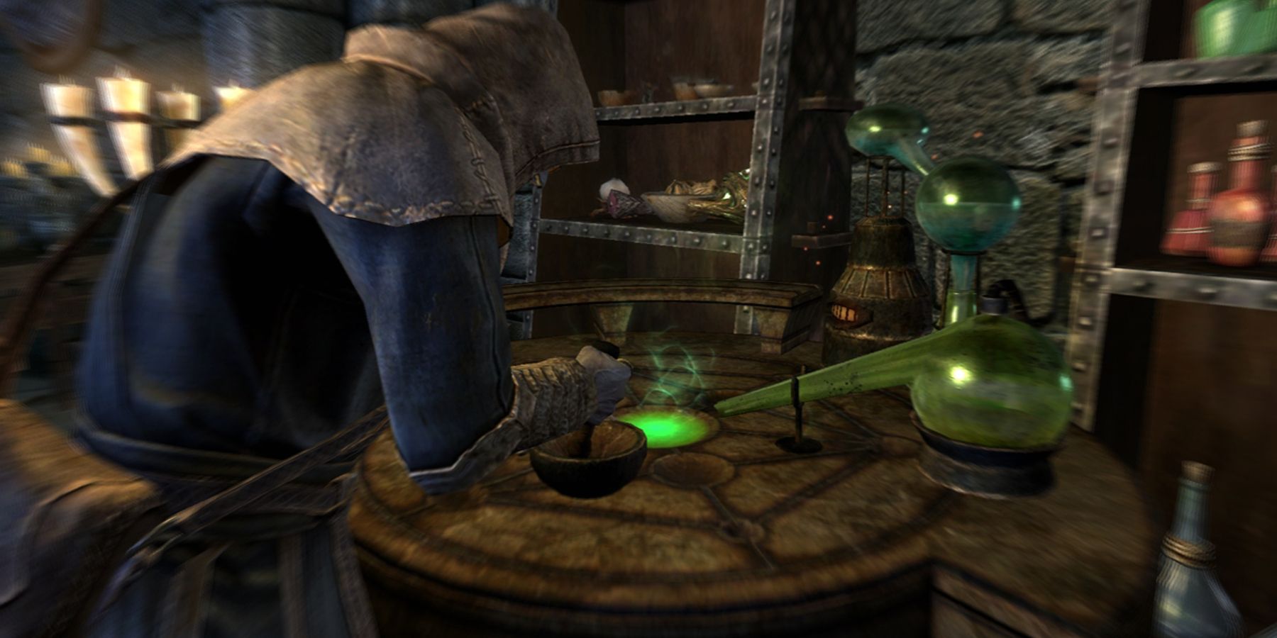 A mage creating something on an alchemy table in Skyrim