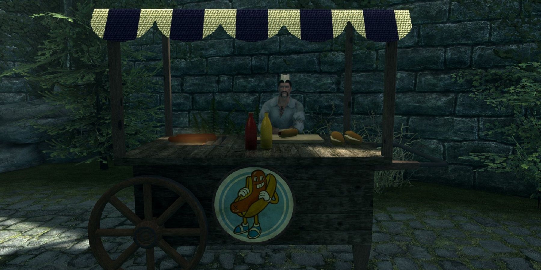 Image from Skyrim showing a hot dog stall.