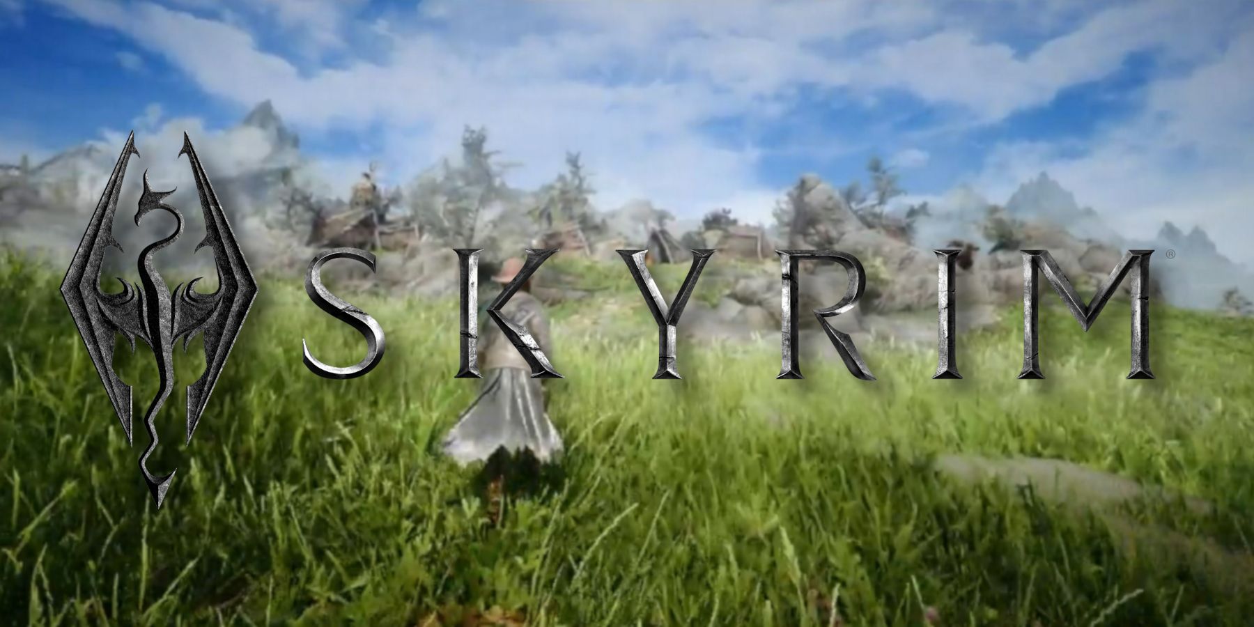 The Skyrim logo in the center with a screenshot from the game in the background.