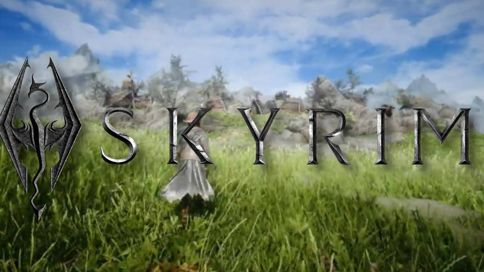 The Skyrim logo in the center with a screenshot from the game in the background.