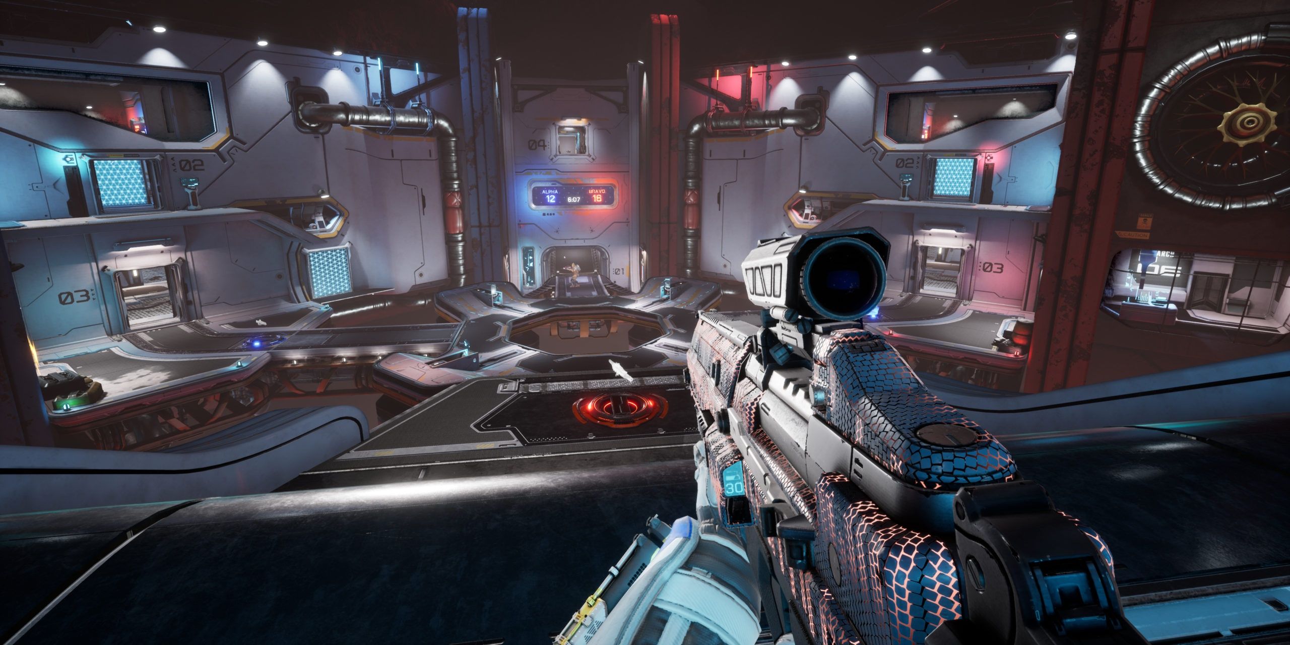 splitgate first person view of player looking at center of map 