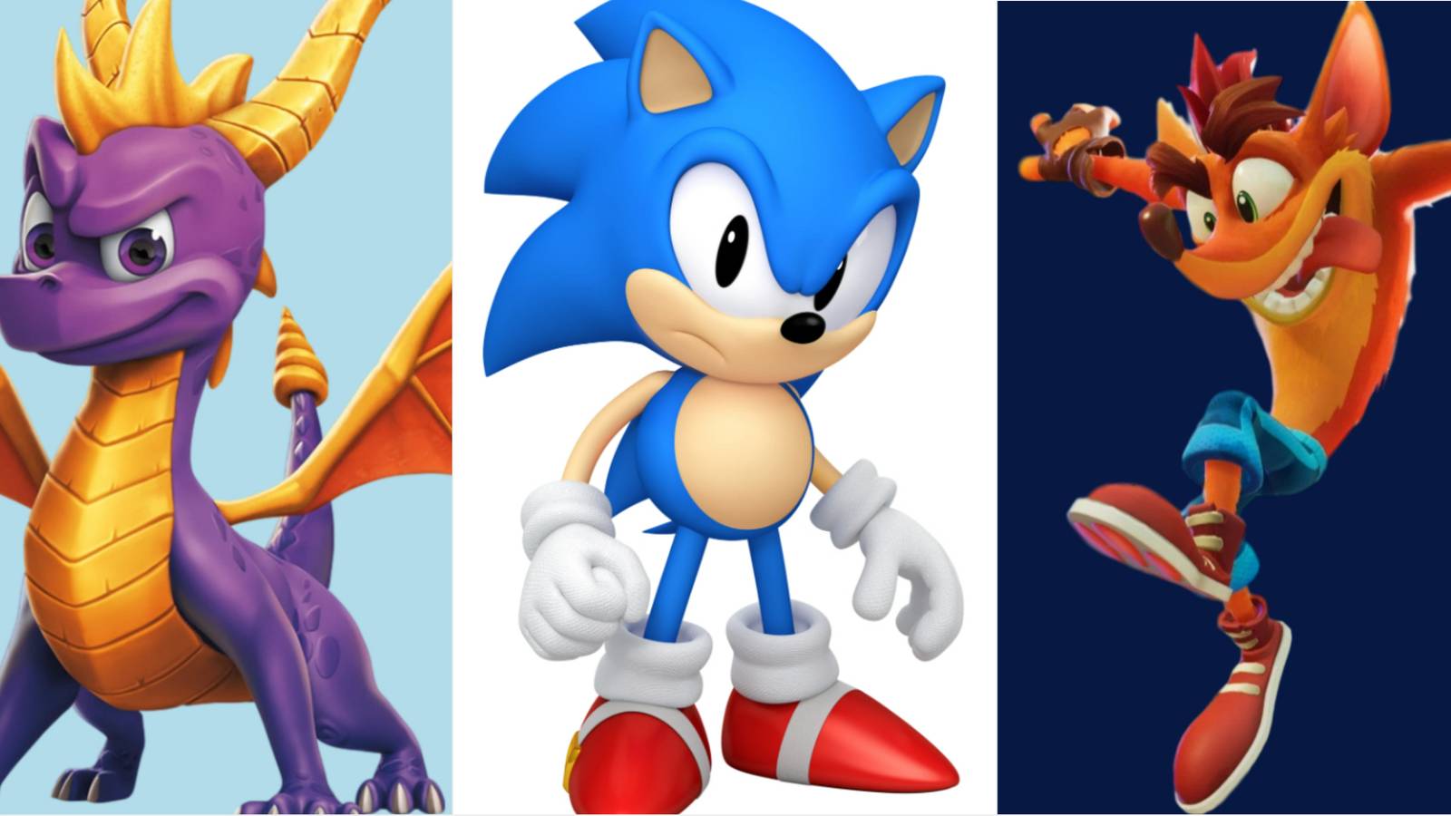 spyro the dragon, sonic the hedgehot, and crash bandicoot featured
