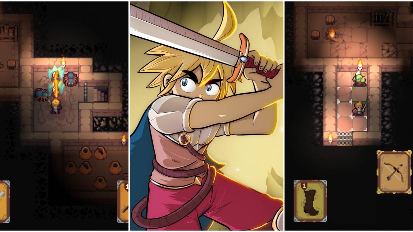 square keeper gameplay showing a battle against a spider, square keeper hero with sword, square keeper battle with goblin featured