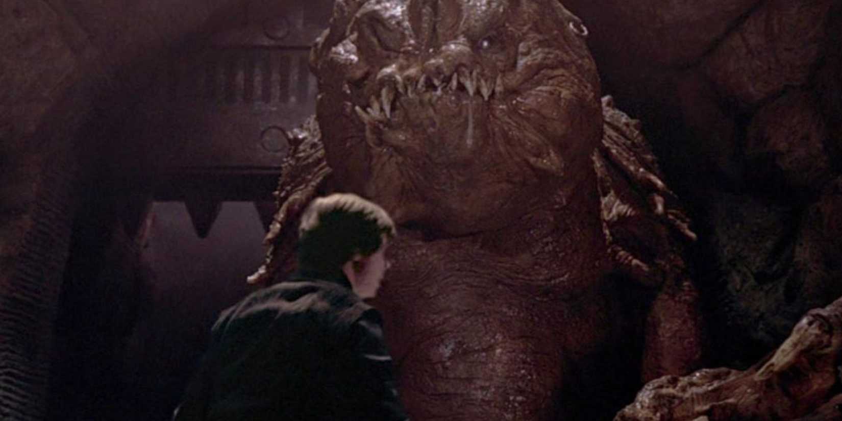 A still from Return of the Jedi showing Luke Skywalker and Jabba's Rancor.